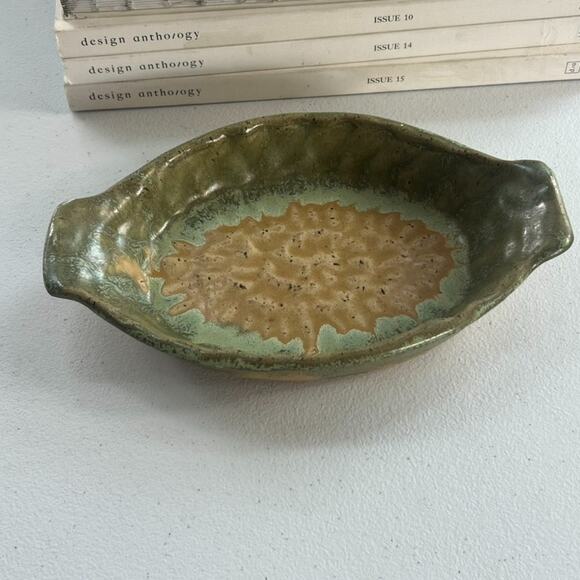 Pottery Art Green Brown Au Gratin Dish Oval Serving Stoneware Hand Made & Signed - Picture 2 of 12